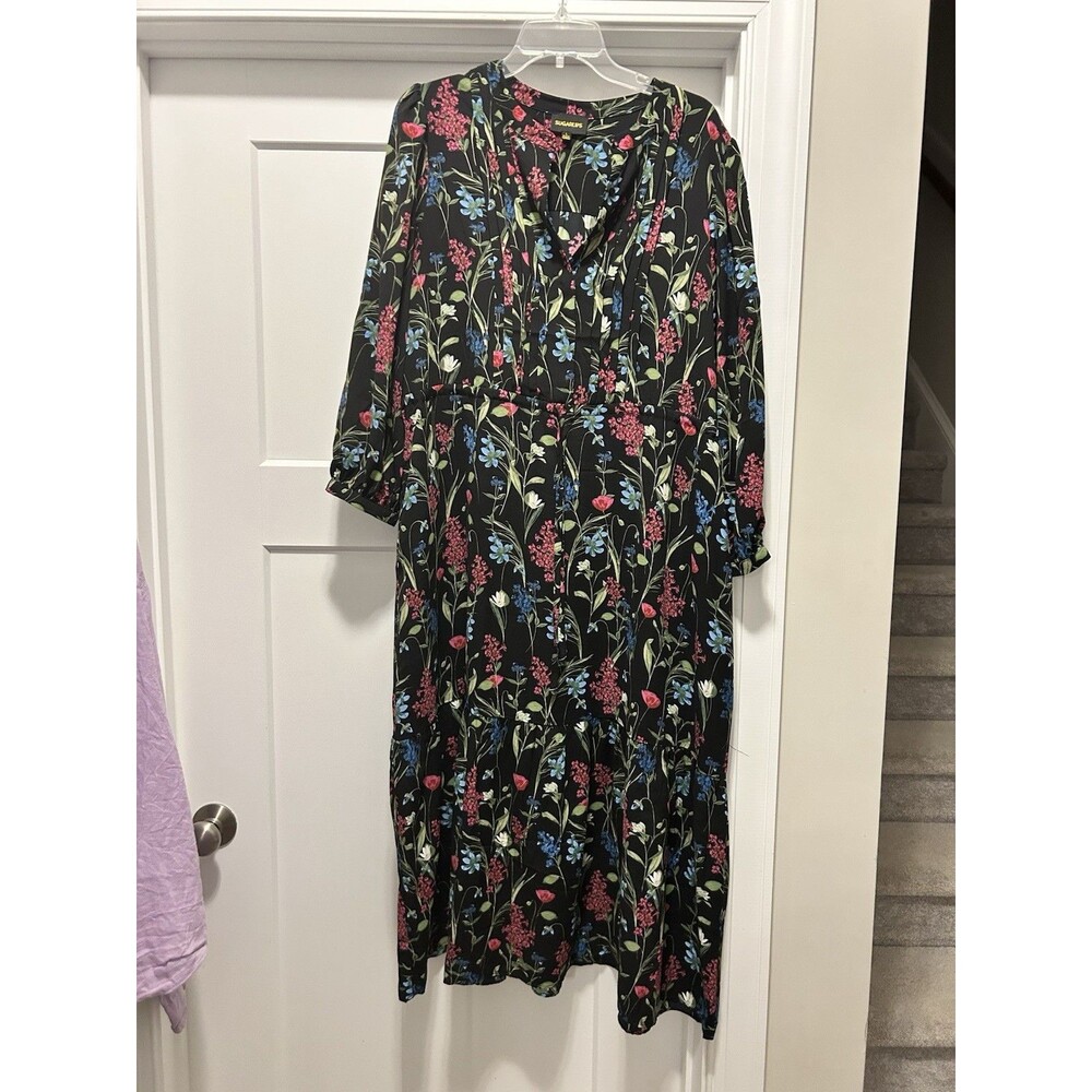 SUGARLIPS Madeline Groover Black  Floral Midi Dress Button Cinch Waist Large - Picture 3 of 9